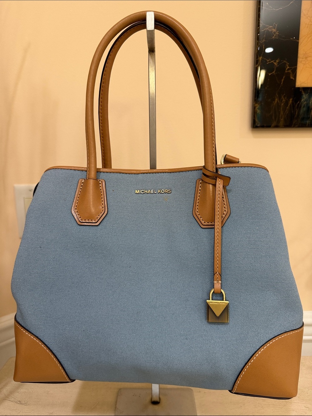 Michael Kors Blue Canvas and Tan Leather Satchel